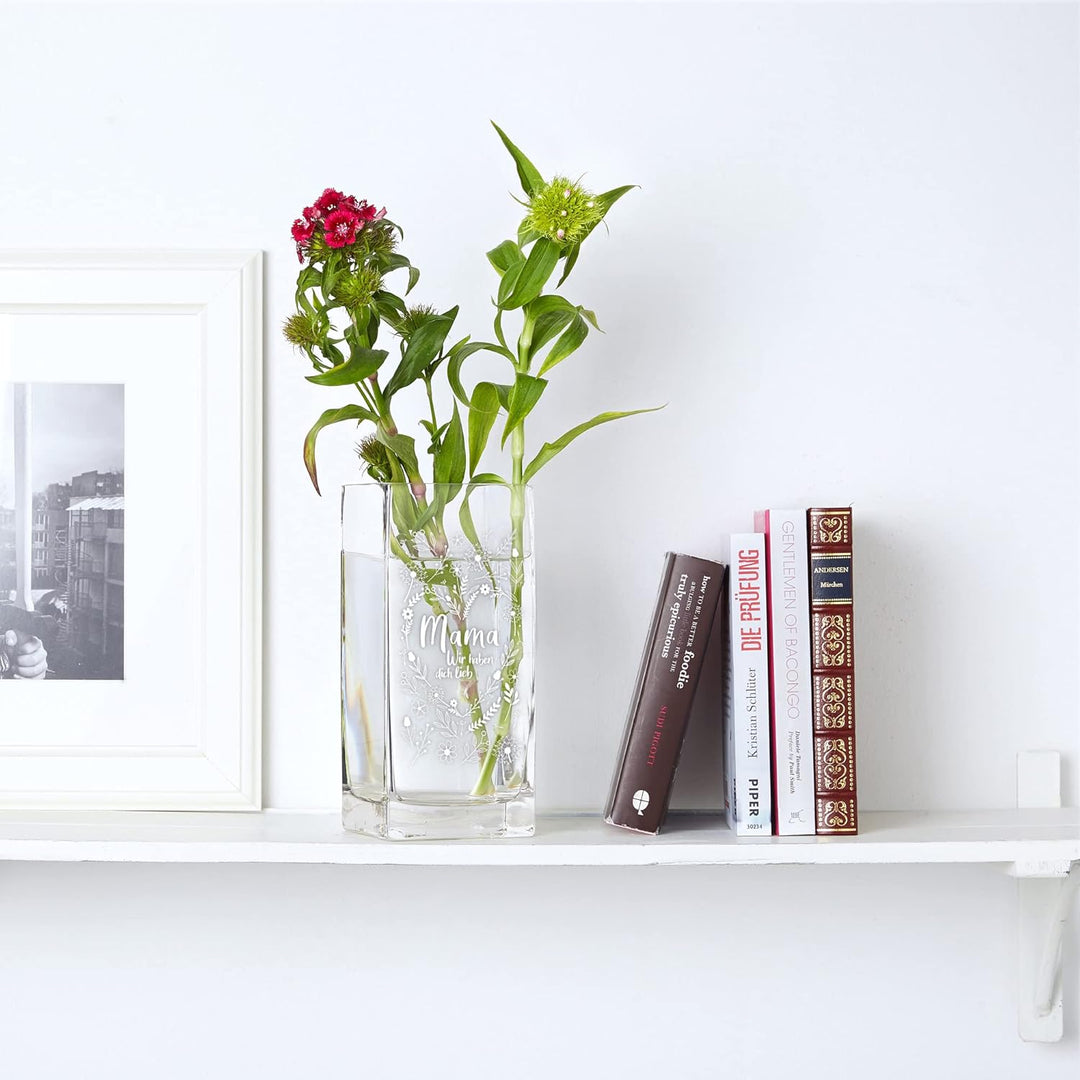 Blumenvase für Mama: Vase mit Gravur, Muttertagsgeschenk, Eckige Glasvase für die Beste Mama, Blumen