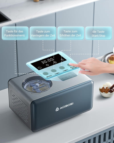 AAOBOSI 1,6L Eismaschine mit 4 Modi,3 in 1 Speiseeisbereiter,kein Vorgefrieren mit eingebautem Kompr