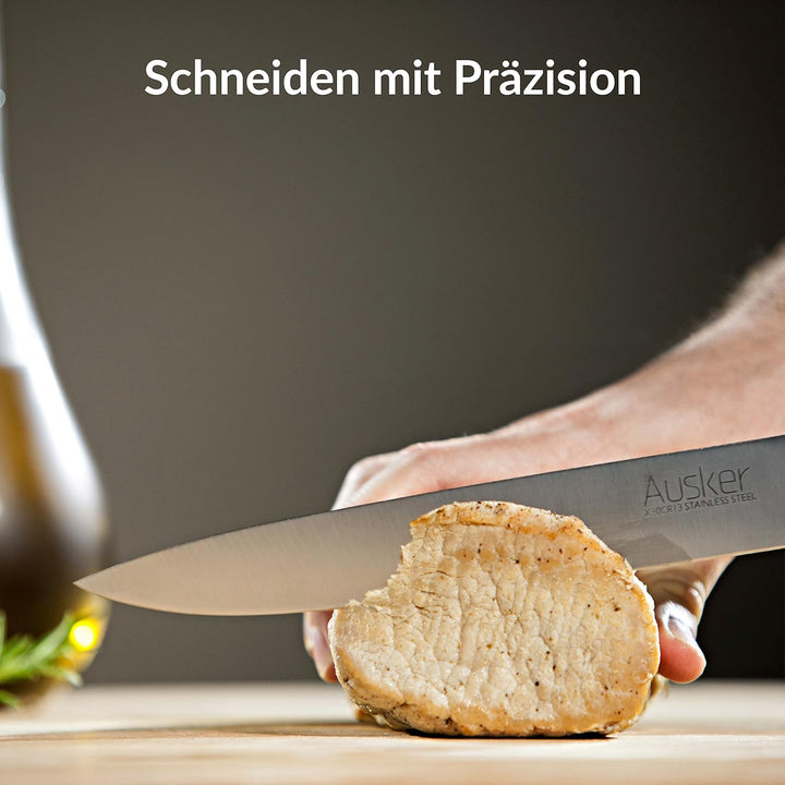 Edelstahl-Messerset mit selbstschärfendem Messerblock - Schälmesser, Santokumesser, Vielzweckmesser,