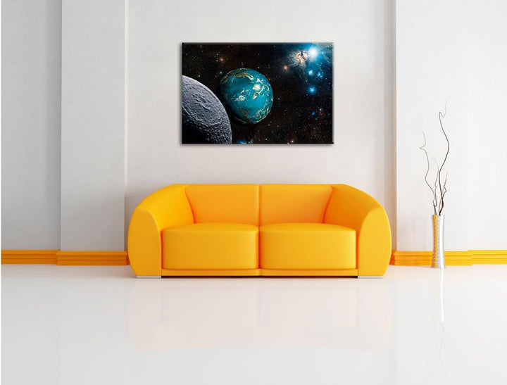 Planet Erde im Kosmos, Format: 100x70 auf Leinwand, XXL riesige Bilder fertig gerahmt mit Keilrahmen