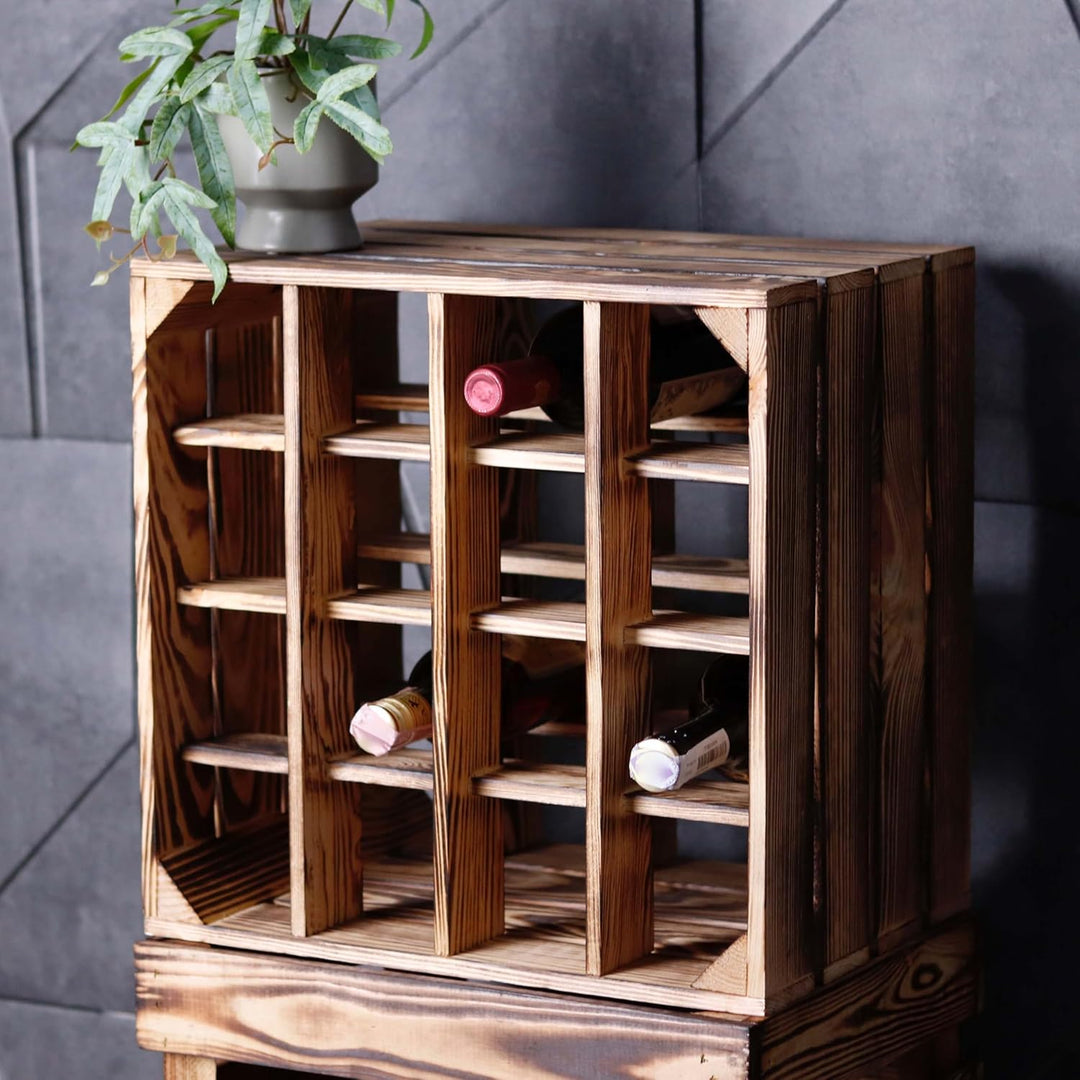 LAUBLUST Grosses Vintage Weinregal - ca. 40 x 40 x 29 cm, Holz Geflammt - Flaschenregal 16 Fächer |