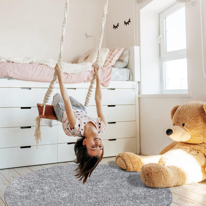 payé Teppich Rund Hochflor Shaggy - 200x200cm - Grau Einfarbig Uni Flauschig Modern Boho Wohnzimmer