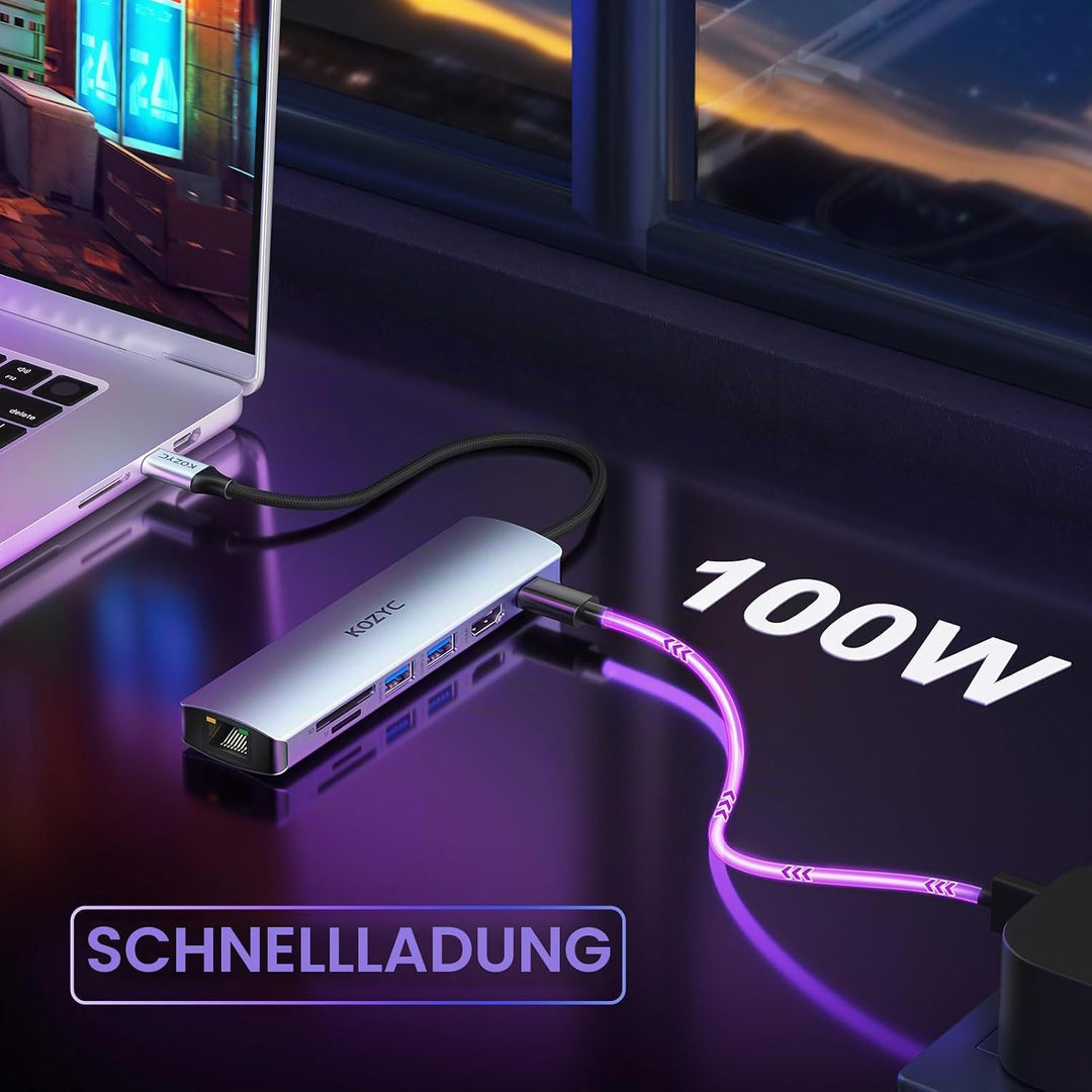 USB C Hub HDMI Ethernet, KOZYC 7 in 1 USB C Hub HDMI 4K @ 60Hz, 1Gbps Ethernet, 100W PD Charging, 2