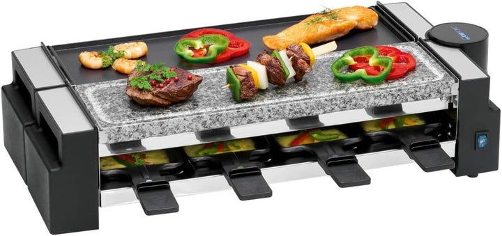 Clatronic RG 3678, 2in1 Raclette-Grill, Naturgrillstein & Wendegussplatte, 180°-Drehgelenk, 8 Pfännc
