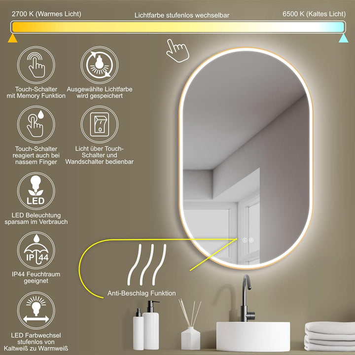 HOKO Badezimmerspiegel LED Oval 50x90 cm / 90x50 cm London mit Rahmen Gold, Anti-Beschlag, energiesp