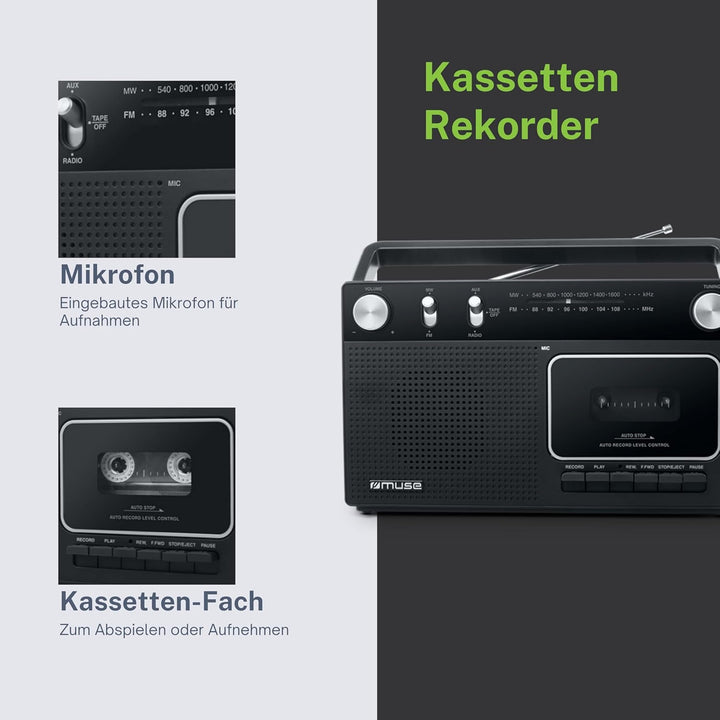 Muse M-152 RC Retro Kassettenrekorder mit Aufnahme-Funktion, Batteriebetrieb möglich (UKW und MW-Tun