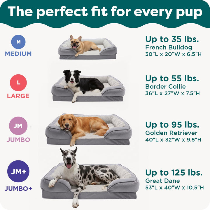 FurHaven Large Memory Foam Dog Bed Perfect Comfort Plush & Velvet Waves Sofa-Style w/Removable Washa