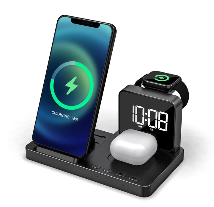Reflexion 4 in 1 Wireless Charger mit Uhr & Wecker | Kabellose Ladestation für Smartphone, Apple Wat