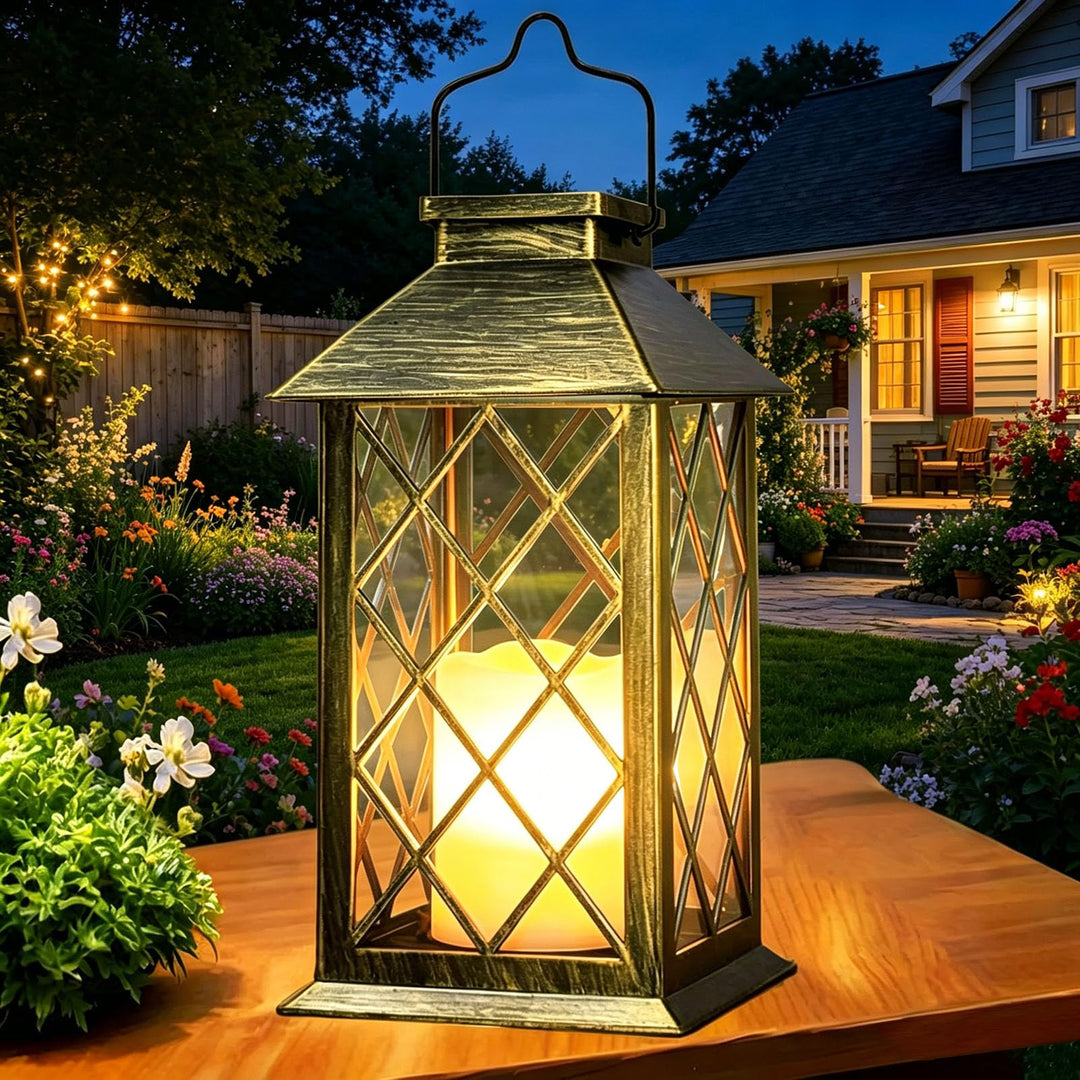 Yowin Solarlaterne für Aussen 35cm Grosse Solarlampen Garten mit Flammeneffekte Kerze, Gewalztes Gla
