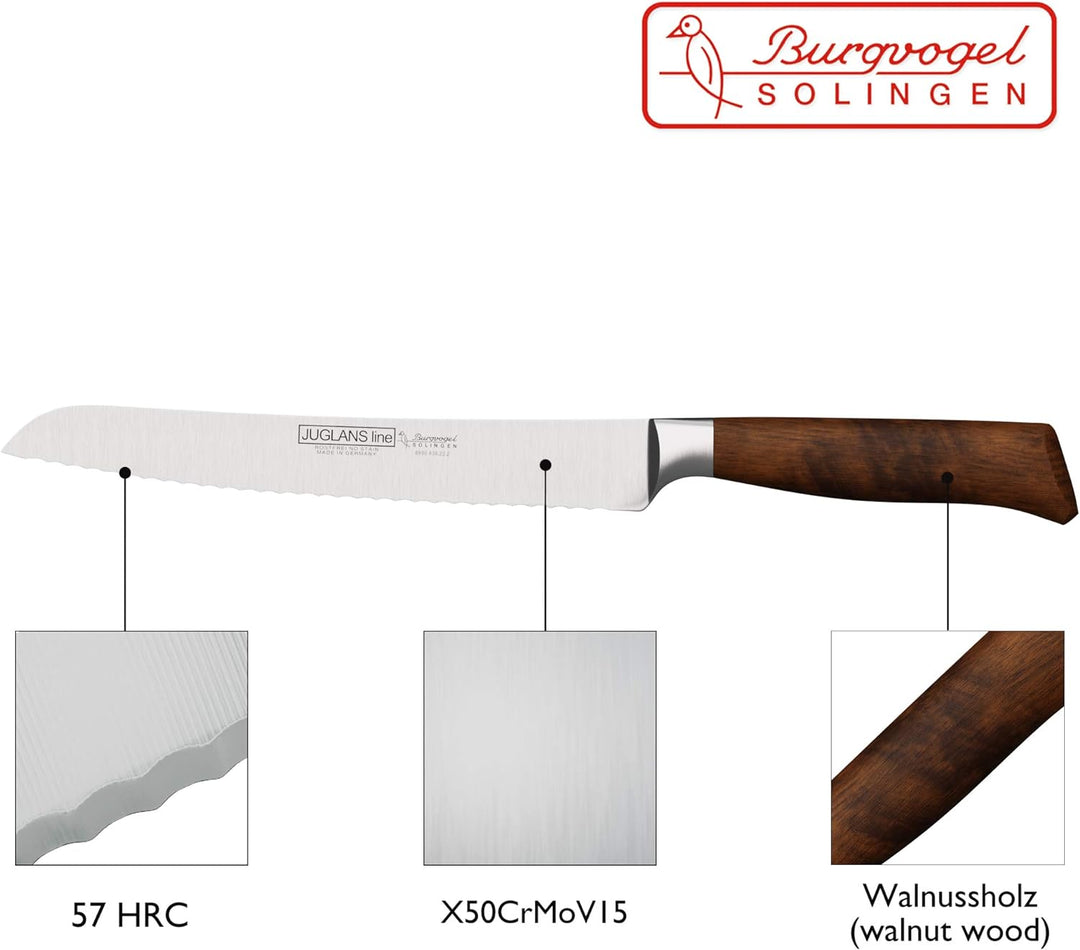 Burgvogel Solingen Juglans Line scharfes Brotmesser Walnussholz geschmiedet 22 cm, Wellenschliff, ro