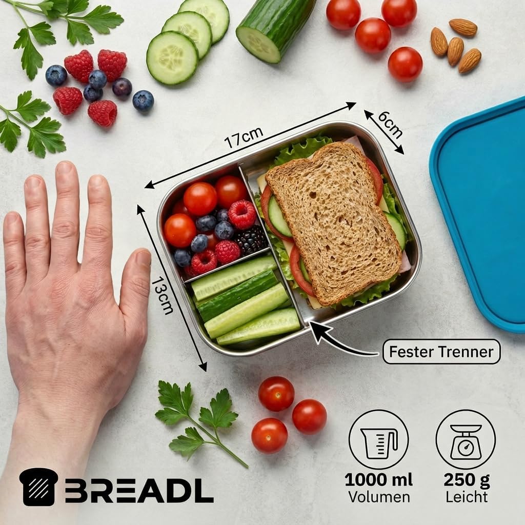 Edelstahl Brotdose, Feste Trennwand und 3 Fächer, Silikondeckel, Auslaufsicher, Spülmaschinengeeigne