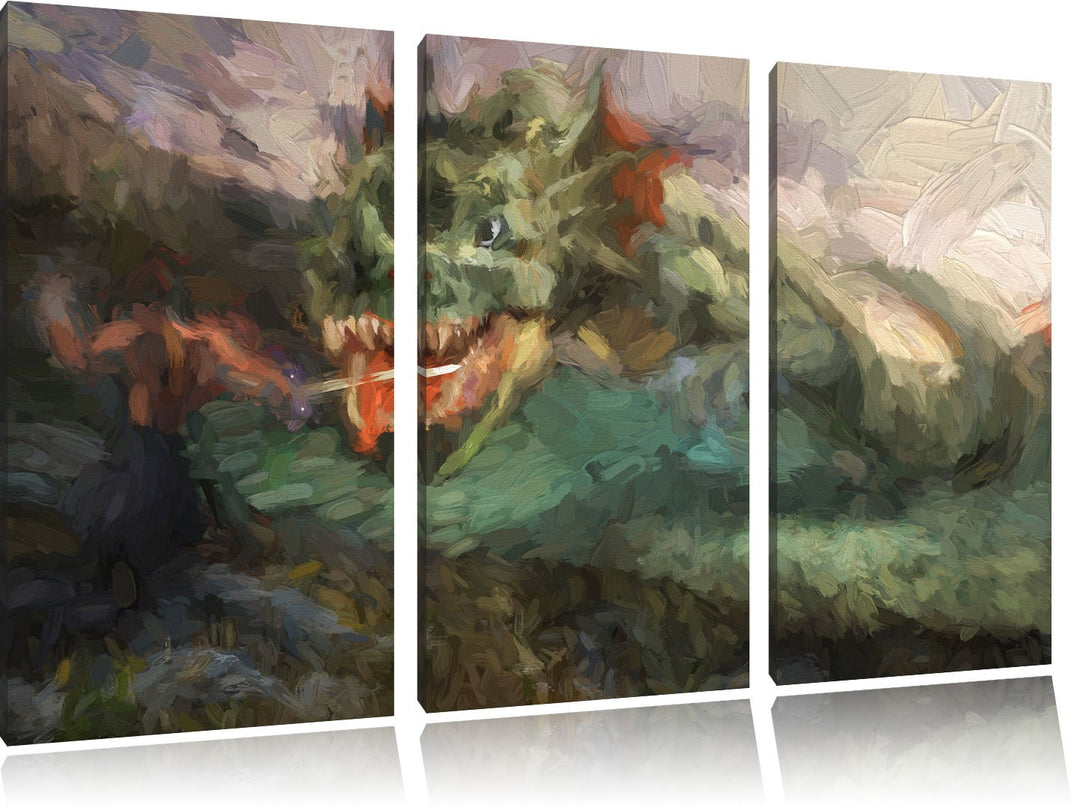 Pixxprint Drache kämpft gegen Krieger / 3-Teilig/Gesamtmass 120cm Leinwandbild bespannt auf Holzrahm