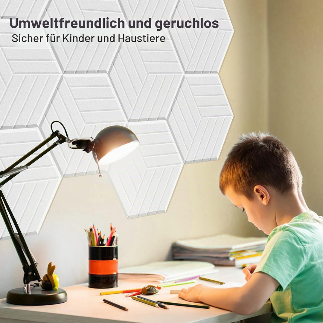 JAMELO 12 Stück sechseckige selbstklebende Akustikplatten aus Polyester zur Schalldämmung, 35 x 30 x