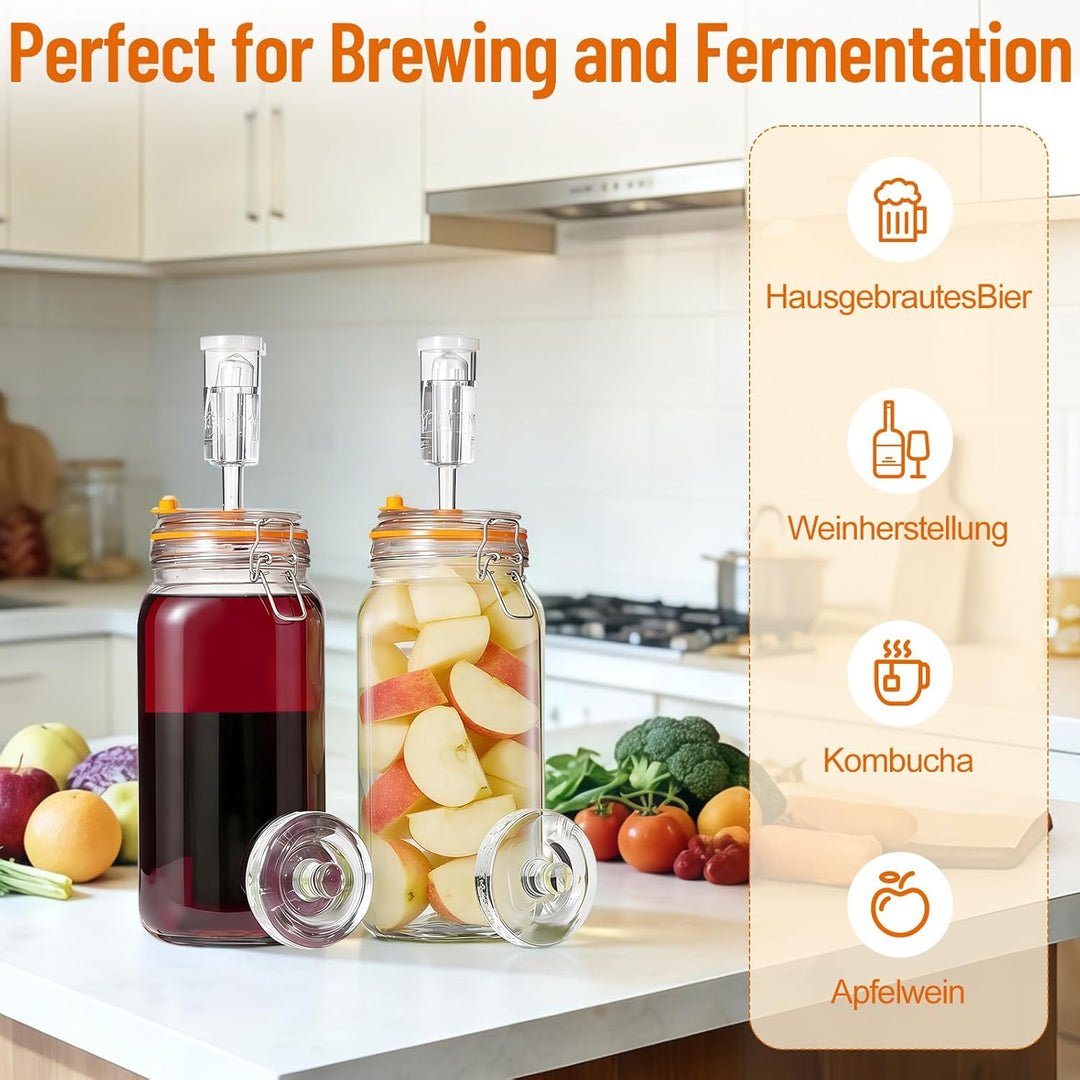 Fermentierglas 2 Stück 2L, Fermentationsglas mit Gärventi & Gewicht, Kimchi Behälter, Gärglas für Sa