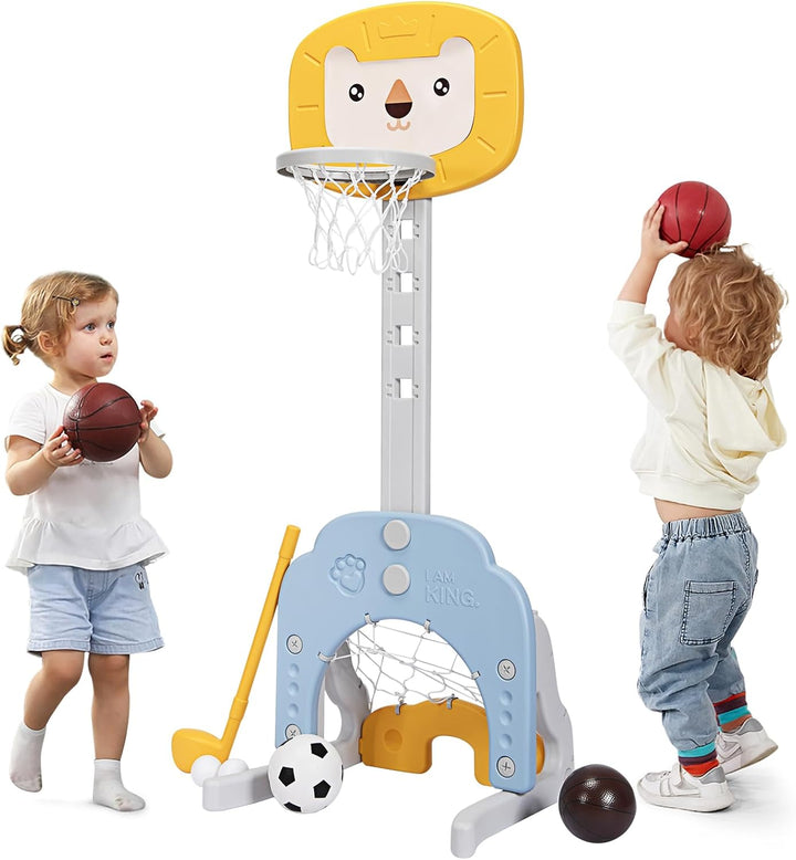 HOMASIS 3 in 1 Kinder Basketballkorb Set, multifunktionaler Basketballständer mit Fussballtor & Golf