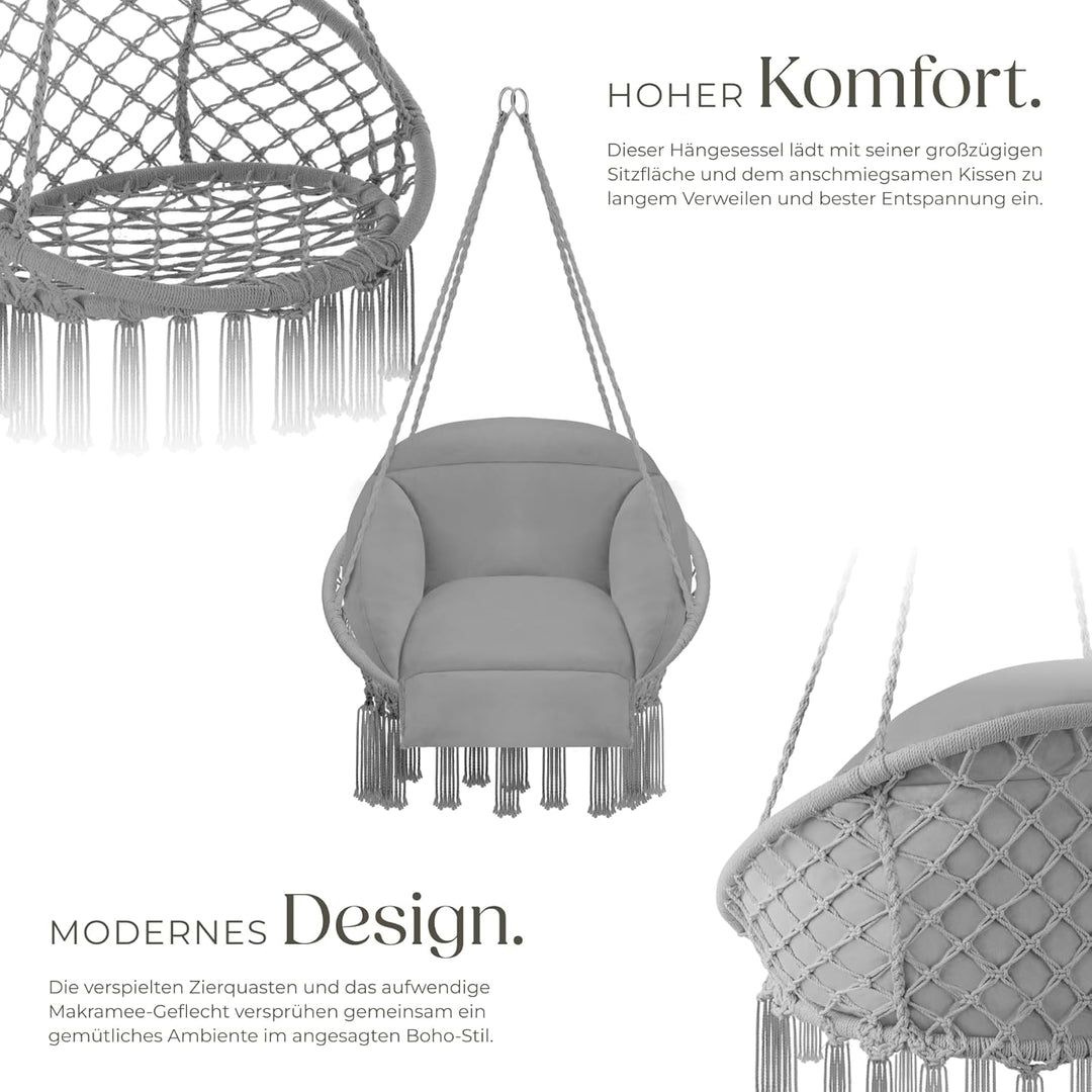 tectake® Hängesessel, Hängeschaukel mit dicken Kissen & Quasten, Boho Hängekorb Ø 80 cm, Hängesessel