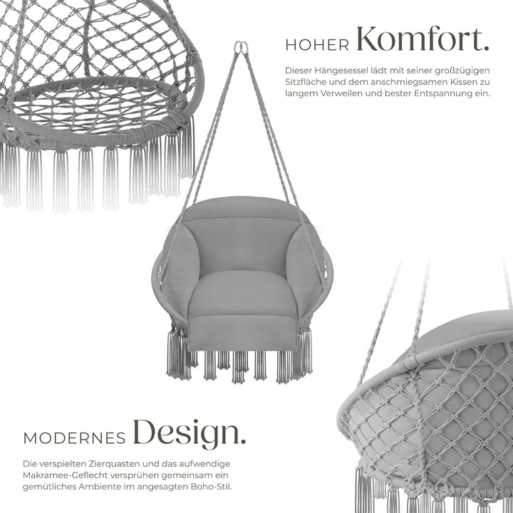 tectake® Hängesessel, Hängeschaukel mit dicken Kissen & Quasten, Boho Hängekorb Ø 80 cm, Hängesessel