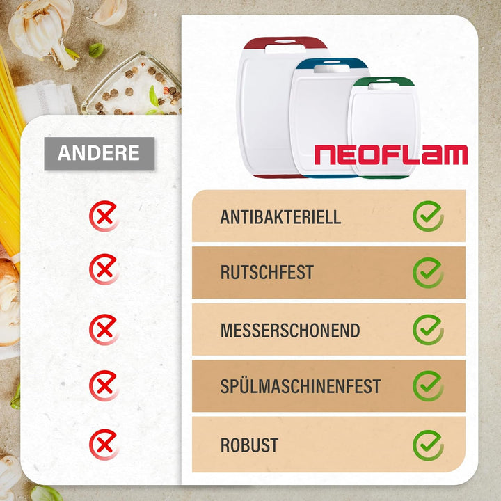 NEOFLAM® – Antibakterielles Schneidebrett Kunststoff rutschfest - 3er Set Schneidbretter Microban® S