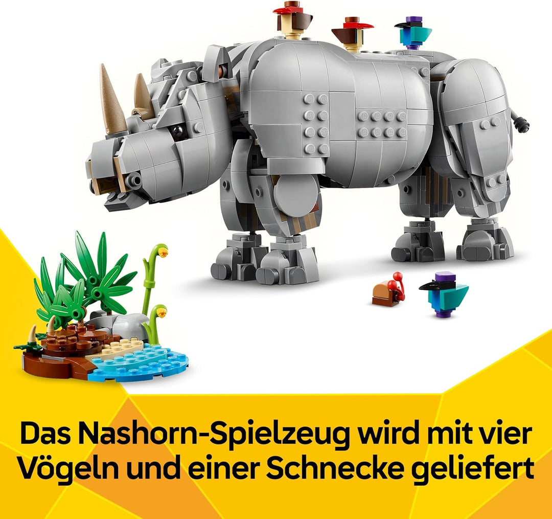 LEGO Creator 3in1 Wilde Tiere: Prächtiges Nashorn mit Vögeln - Kinder Spielzeug mit Tierfigur - Figu