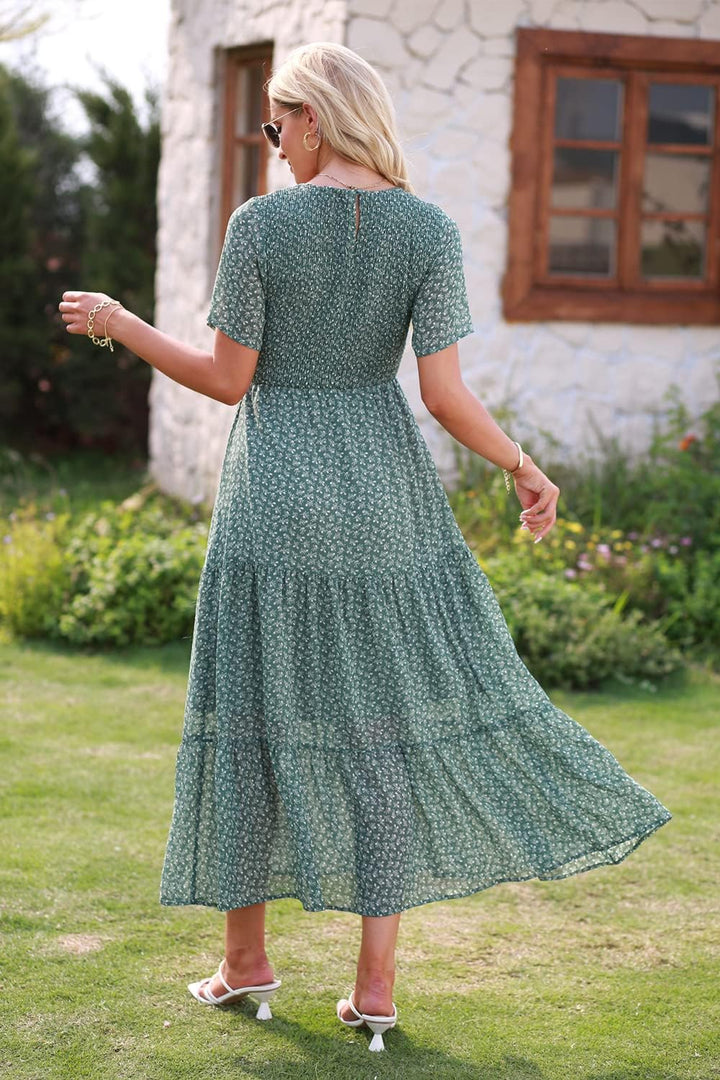 BTFBM Lässiges Sommerkleid für Damen, kurzärmelig, mit Rundhalsausschnitt, Boho-Stil, mit Blumendruc
