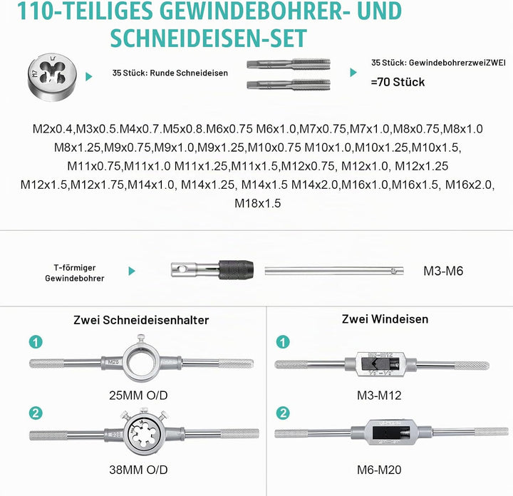 110 Stück Gewindeschneider Set Metrisch M2-M18 Gewindeschneidsatz, Gewindebohrer Schneideisen Set mi