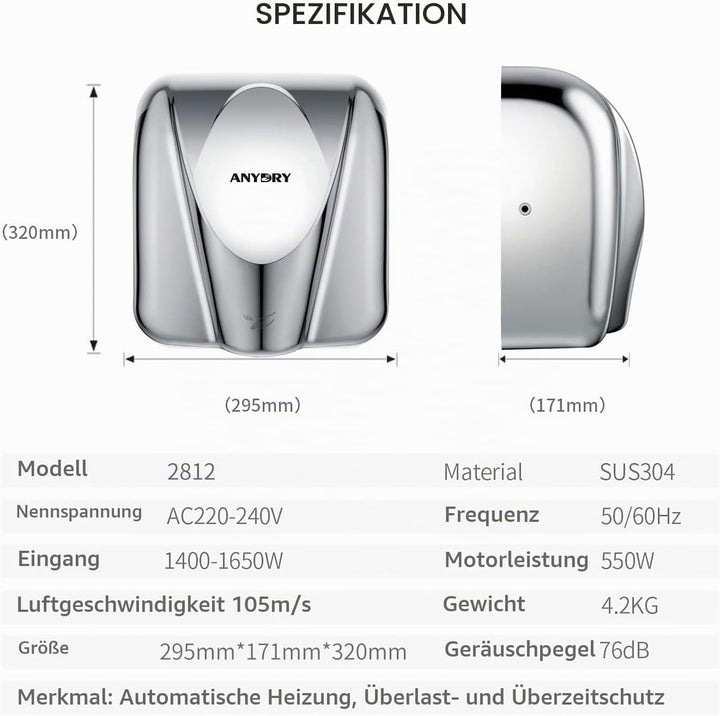 anydry 2812 Händetrockner für Gewerbe elektrischer Sensor Stilvolles Design Edelstahl-Finish schnell