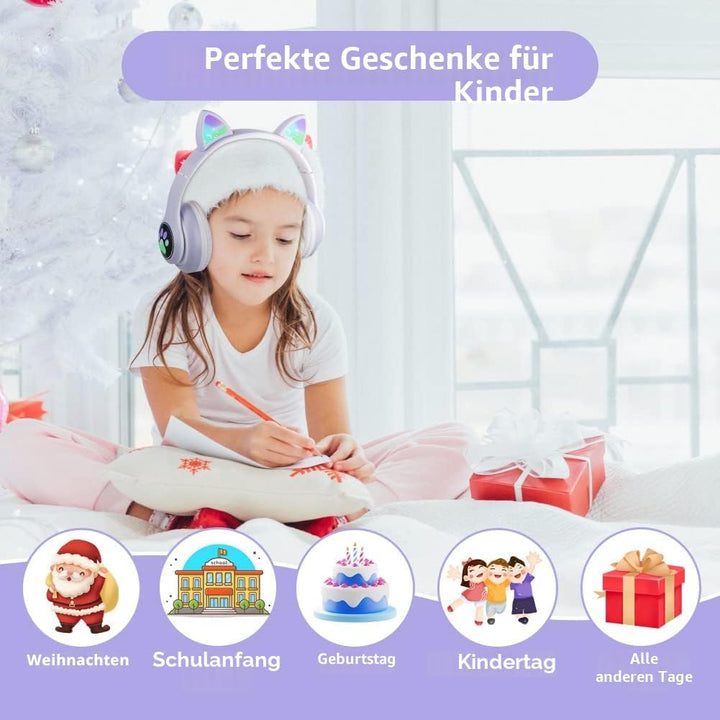 AXFEE Kinderkopfhörer Bluetooth, Katzenohr Over-Ear mit LED-Licht, Faltbar, Stereo, Kabellos mit Mik
