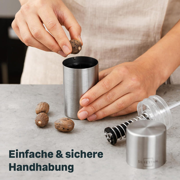 SILBERTHAL Muskatnuss Mühle für fein gemahlene Muskatnuss - Muskatreibe mit Aufbewahrung aus Edelsta