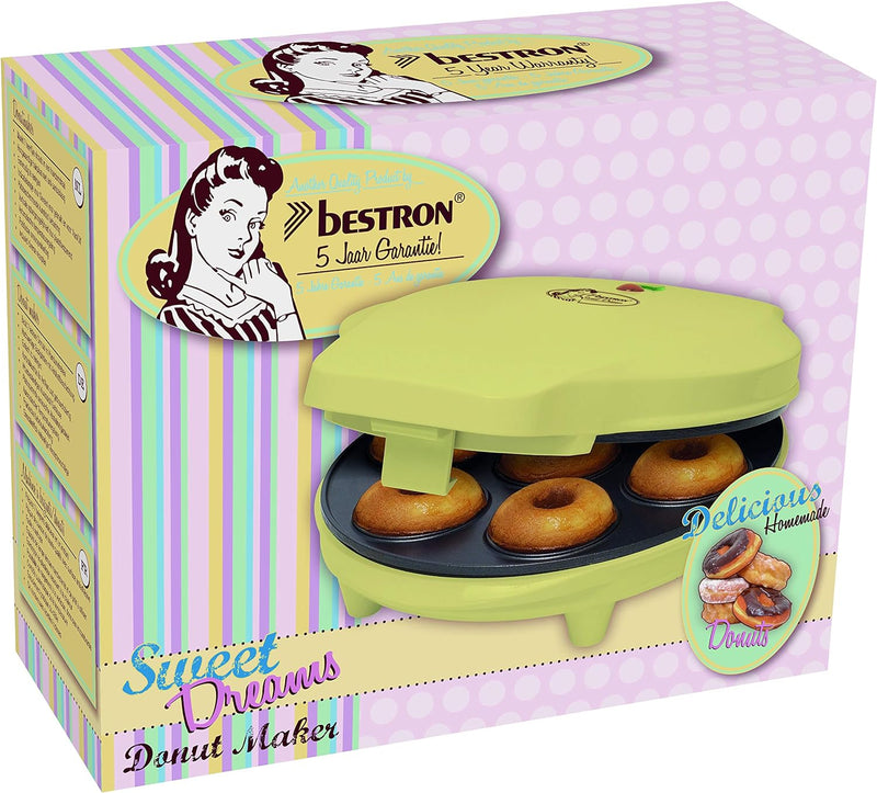 Bestron Donut Maker im Retro Design, Sweet Dreams, Antihaftbeschichtung, 700 Watt, Farbe: Gelb