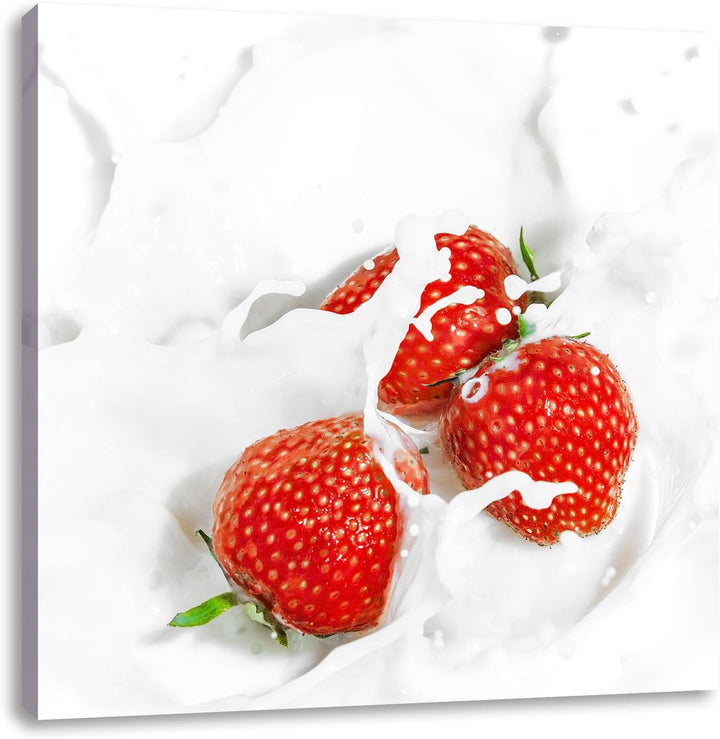 Leckere Erdbeeren in Milch, Format: 70x70 auf Leinwand, XXL riesige Bilder fertig gerahmt mit Keilra