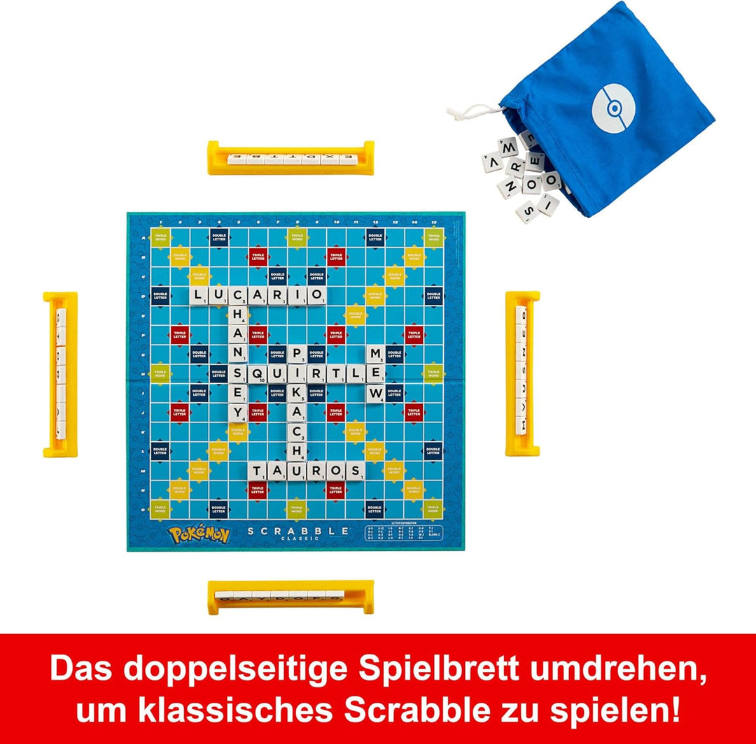 Mattel Games Scrabble Pokémon-Brettspiel, Familienwortspiel mit Zwei Spielmöglichkeiten, enthält 50