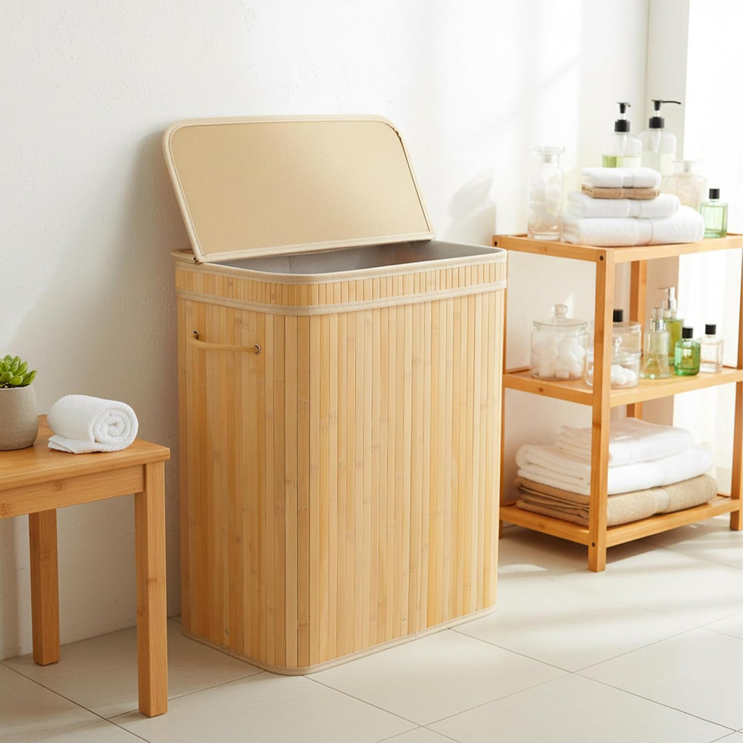 Relaxdays Wäschekorb mit Deckel, Bambus, 150 l, 3 Fächer, HxBxT: 61,5 x 61 x 41,5 cm, Badezimmer Wäs