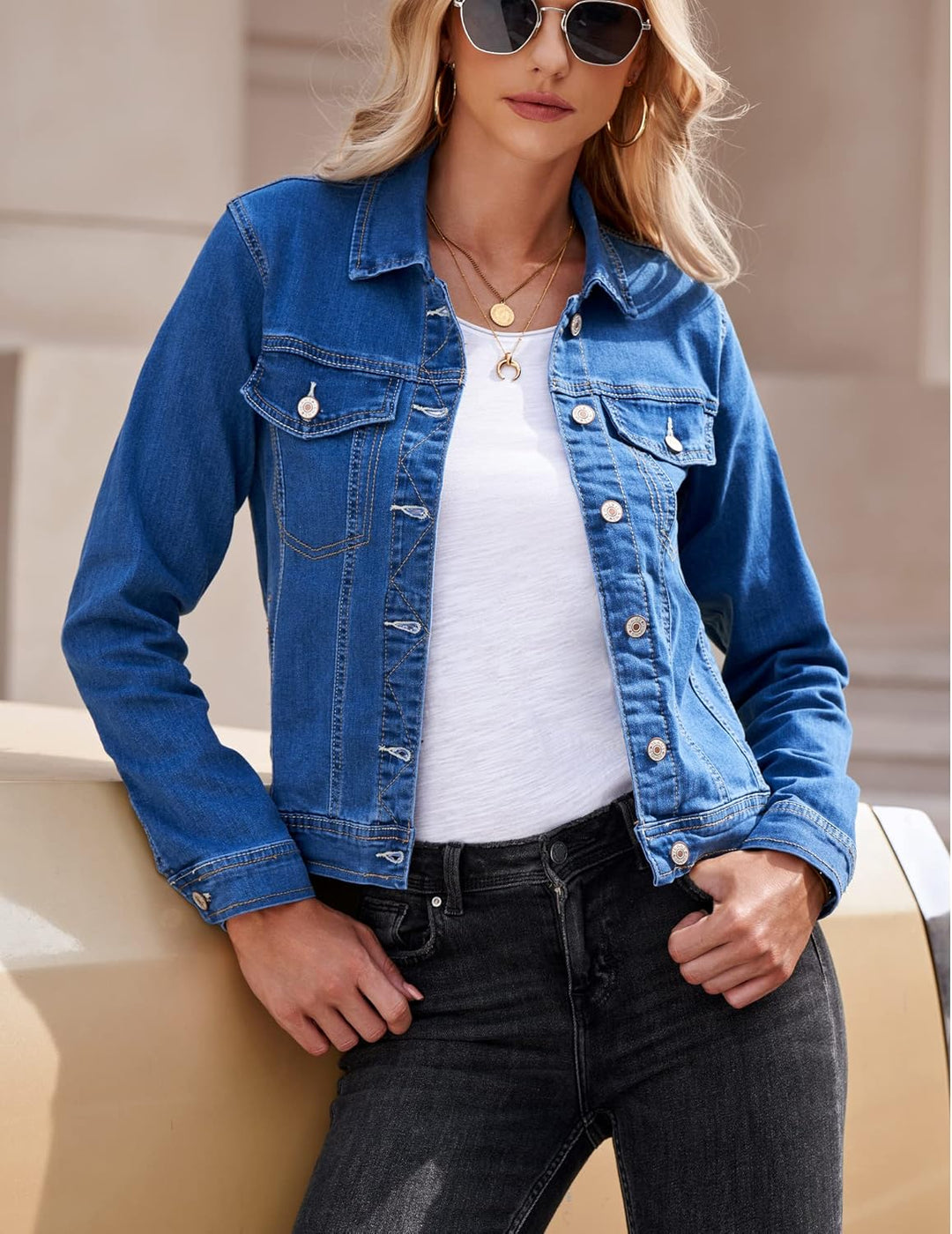 Roskiky Jeansjacken Damen Jean Stretchy Langarm Trucker Jacke mit Tasche XS Nachteinbruch blau, XS N