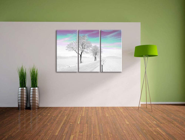 Schneebedeckter Baum in schöner Winterlandschaft schwarz/weiss 3-Teiler Leinwandbild 120x80 Bild auf