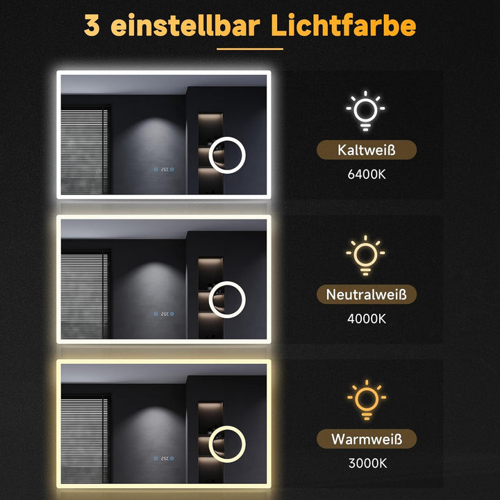 SONNI LED Badspiegel 100x60 cm Badezimmerspiegel mit Beleuchtung 3 einstellbare Lichtfarbe Lichtspie