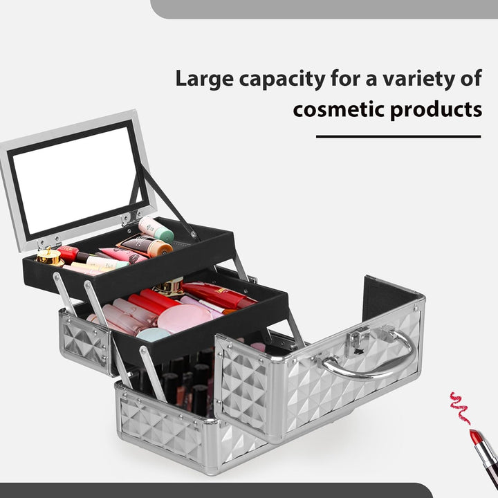 HOMASIS Kosmetikkoffer mit Spiegel, Mini Schminkkoffer mit 3 Ebenen, tragbarer Beauty Case mit Griff