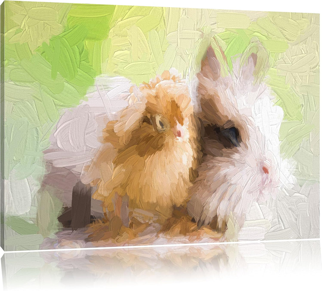 Pixxprint kleines Küken mit süssem Häschen Kunst Pinsel Effekt, Format: 100x70 auf Leinwand, XXL rie