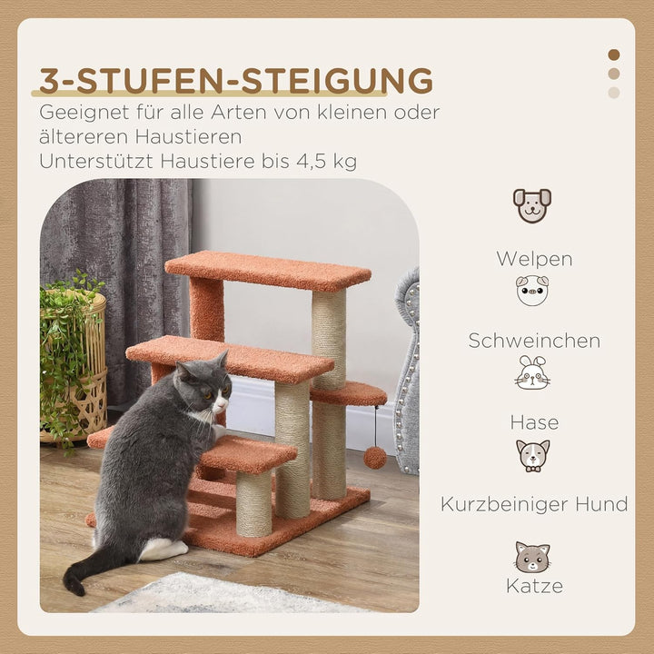 PawHut Katzentreppe 3 Stufen Tiertreppe Treppe für Katze mit Kratzsäulen Ball Haustiertreppe Hundetr