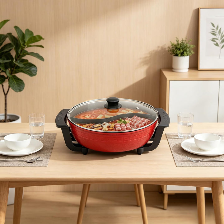 Elektrischer Hotpot 6L 1360W für Familie, mit 5 Temperaturstufen Rot | Antihaftbeschichtung, rutschf