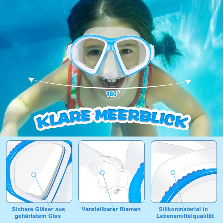Supertrip Kinder Schnorchelset 3-teilig, Schnorcheln Set mit Flossen, Taucherbrille mit Tempered Gla