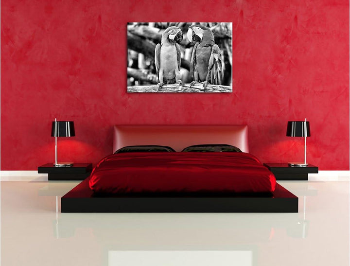 Zwei Papageien auf einem AST / 100x70cm Leinwandbild bespannt auf Holzrahmen/Wandbild Kunstdruck Dek