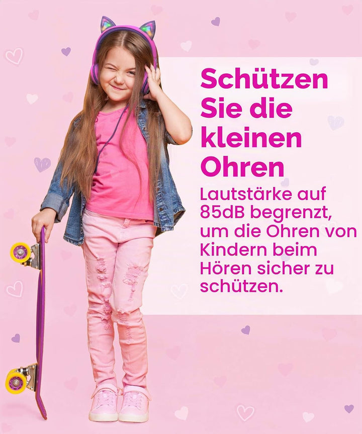FosPower - Kopfhörer Kinder mit LED leuchten Katzenohren, 3,5mm On Ear Audio Kopfhörer für Kinder mi