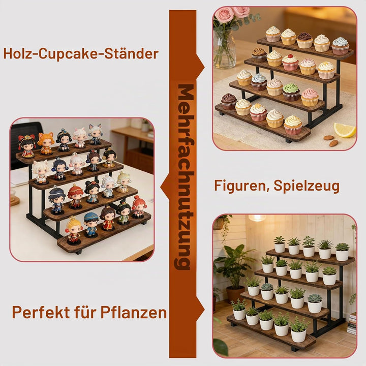 Tortenständer aus Holz für 20 Cupcakes, 4 Etagen Cupcake Ständer Stufenregal für Desserts, Donuts, K