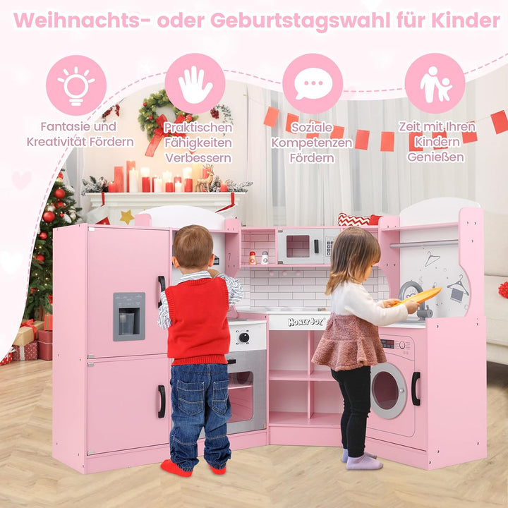 COSTWAY Kinderküche Eck, Spielküche mit Licht & Sound, Kinderspielküche mit Spüle, Eismaschine, Back