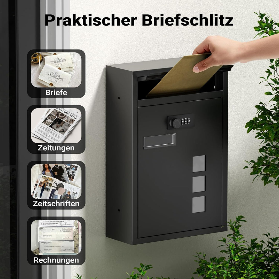 Wiltec Briefkasten schwarz 215x320x90mm Briefkasten mit Zahlenschloss, Namensschild und Sichtfenster