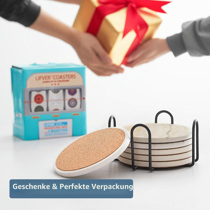 LIFVER Marmor Glas Untersetzer-Set 6er, Absorbierend Mit Korkboden Und Halter, Für Getränke in Bars,