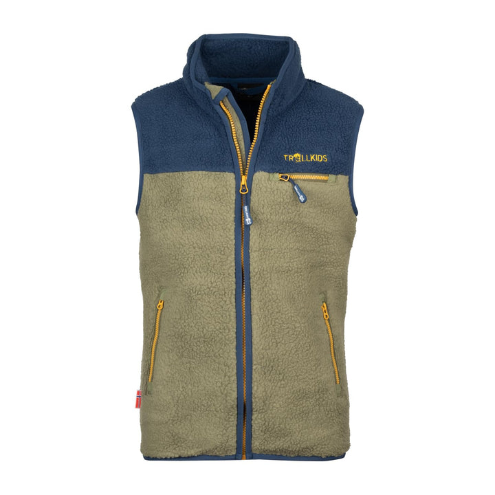 Trollkids Kinder Fleeceweste Hemsedal, Moos/Mystikblau/Goldgelb