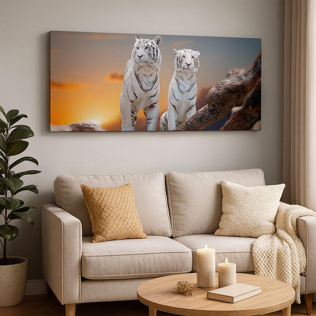 Panorama Bilder auf Leinwand 100x40cm Leinwandbild Tiger weiss Rock Sonnenuntergang Gross Wanddeko B