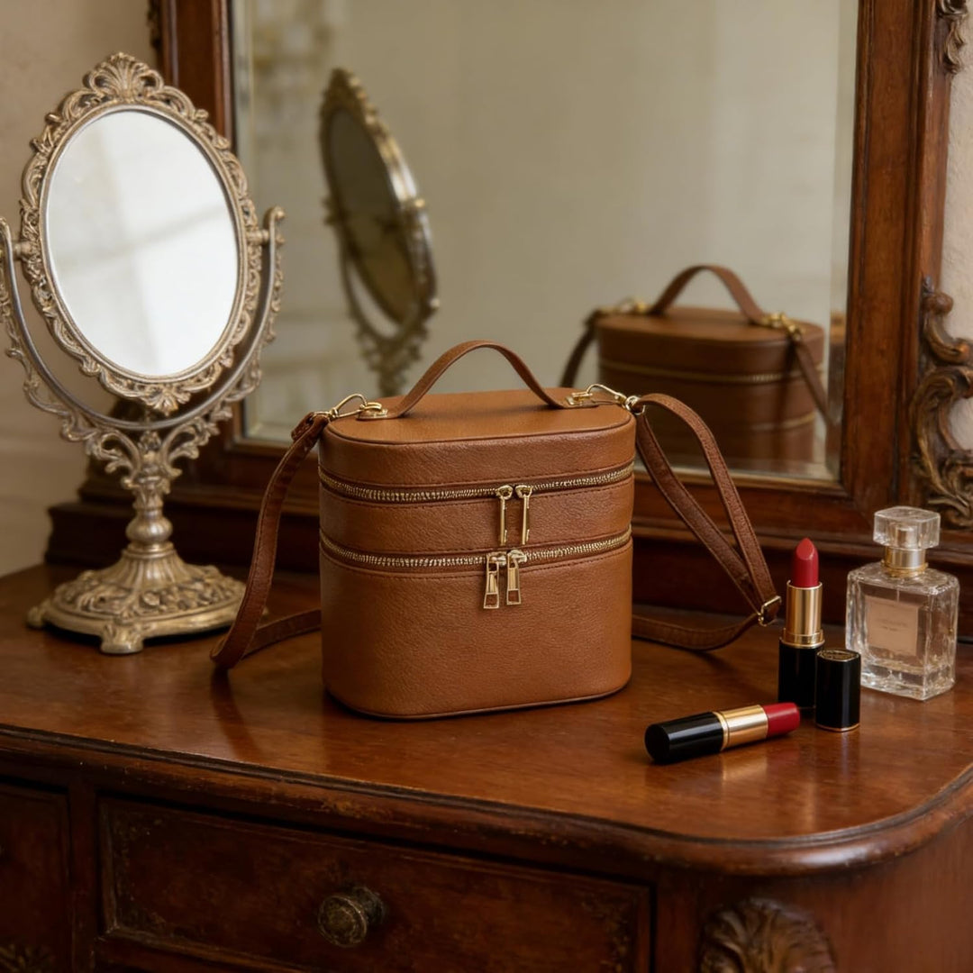 Vanity Case Make-up-Tasche, doppellagige Reise-Kosmetiktasche mit Griffen und Riemen, Make-up-Organi