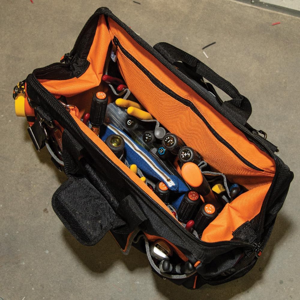 Klein Tools 55469 Tradesman Pro Werkzeugtasche, weit geöffnet, Schwarz/Orange
